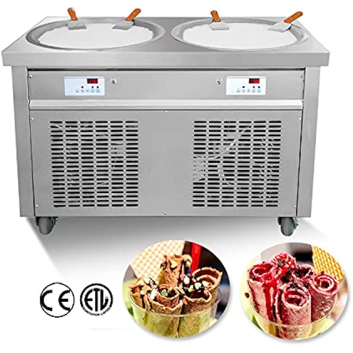 ETL 55cm 22 inches Double Round Pans Fried Ice Cream Roll Machine Yogurt - Auto Defrost Transparent Sneeze Guard