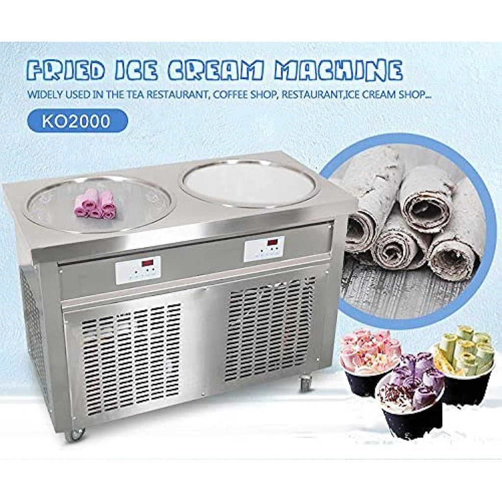ETL 55cm 22 inches Double Round Pans Fried Ice Cream Roll Machine Yogurt - Auto Defrost Transparent Sneeze Guard