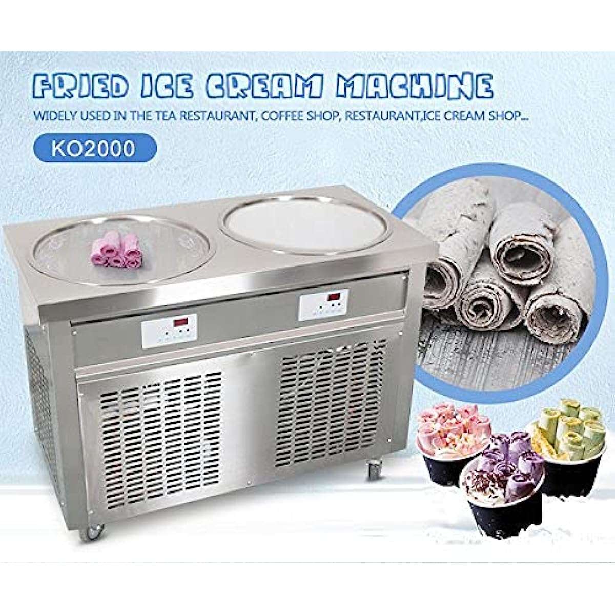 ETL 55cm 22 inches Double Round Pans Fried Ice Cream Roll Machine Yogurt - Auto Defrost Transparent Sneeze Guard