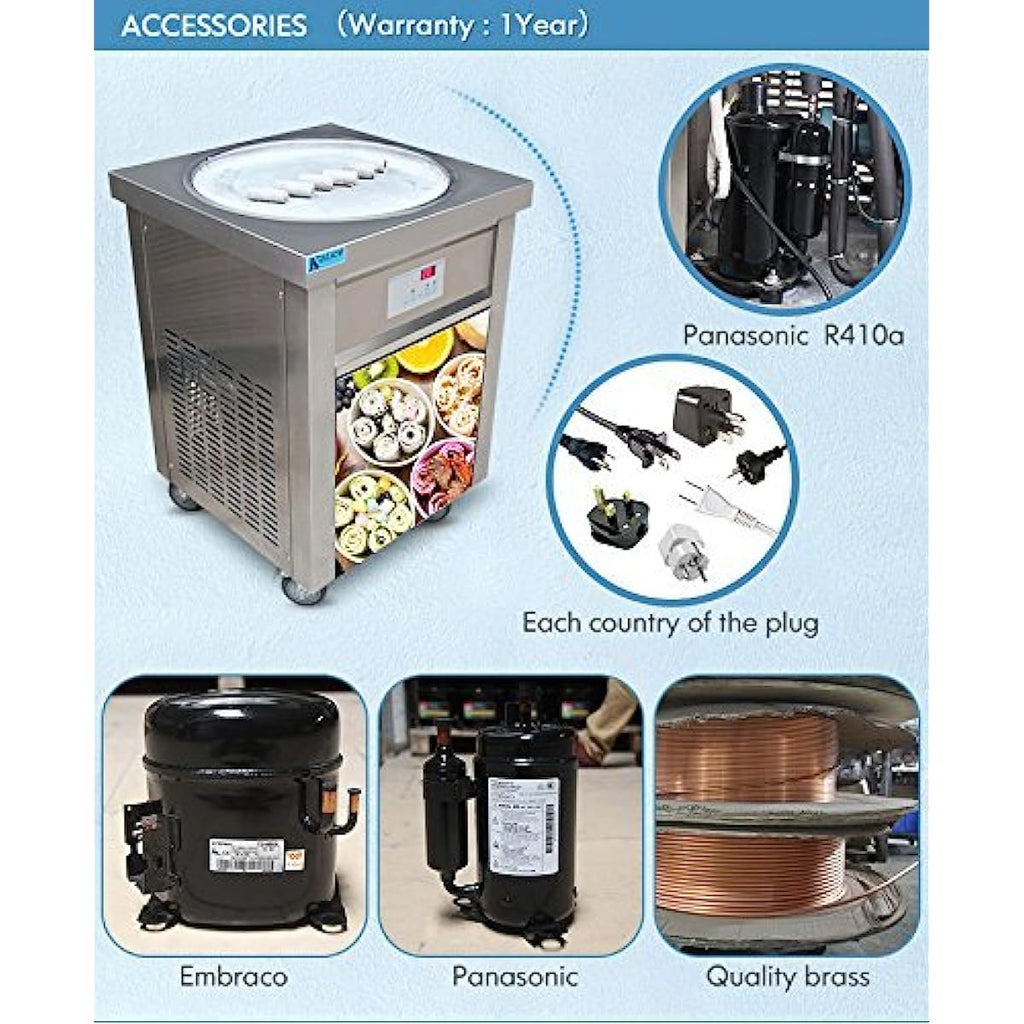 ETL fry fried ice cream rolled machine snack food equipment 22 inches single round pan auto defrost smart AI temperature controller