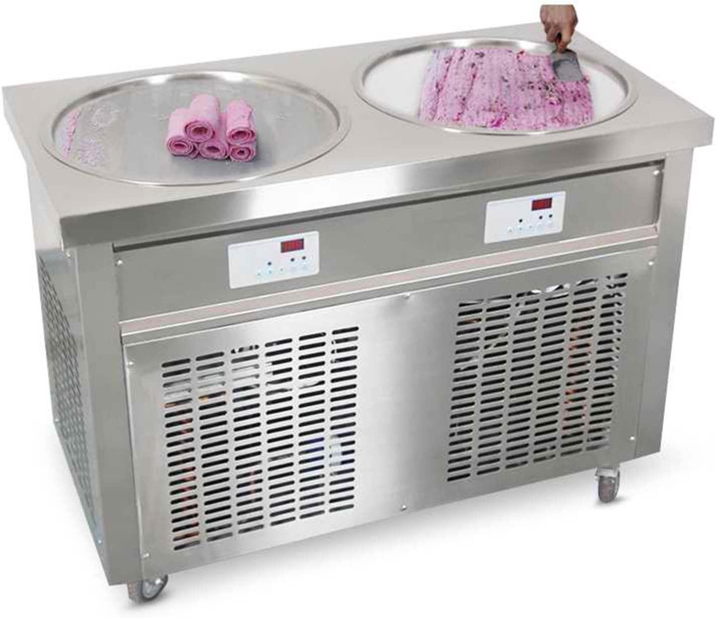 ETL 55cm 22 inches Double Round Pans Fried Ice Cream Roll Machine Yogurt - Auto Defrost Transparent Sneeze Guard