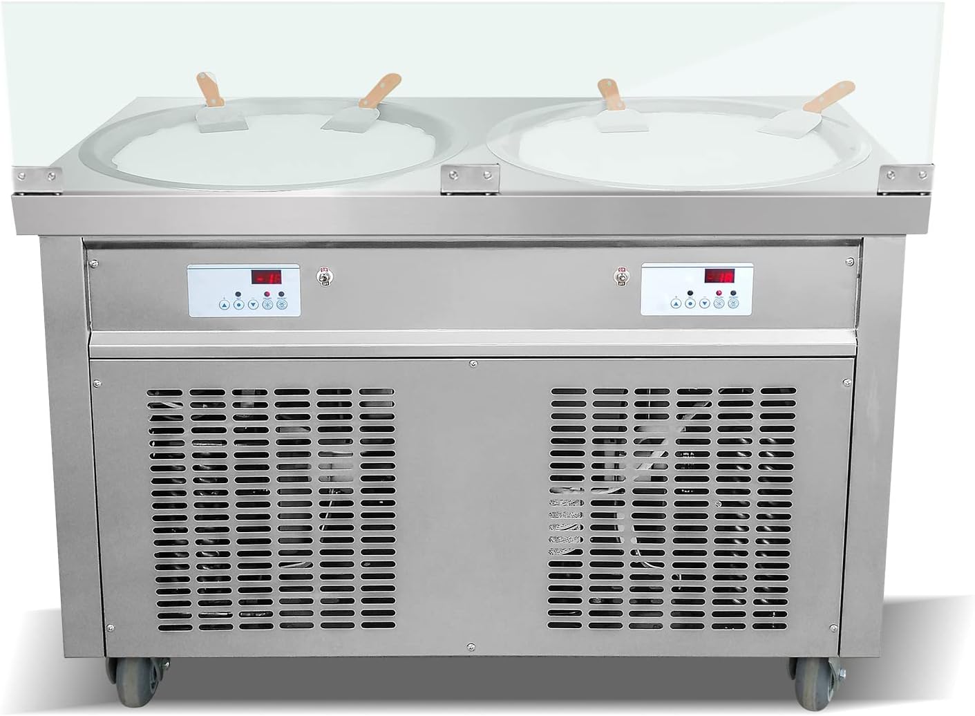 ETL 55cm 22 inches Double Round Pans Fried Ice Cream Roll Machine Yogurt - Auto Defrost Transparent Sneeze Guard