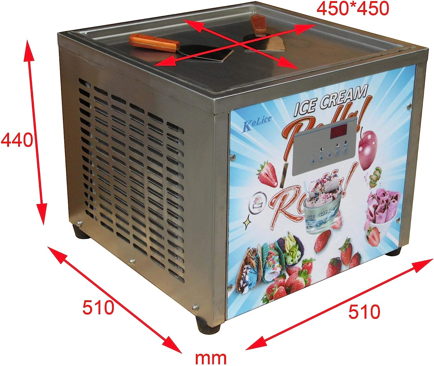 Countertop 18X18 inches single square pan fried fry rolled instant ice cream machine AUTO DEFROST and PCB smart AI temp. controller
