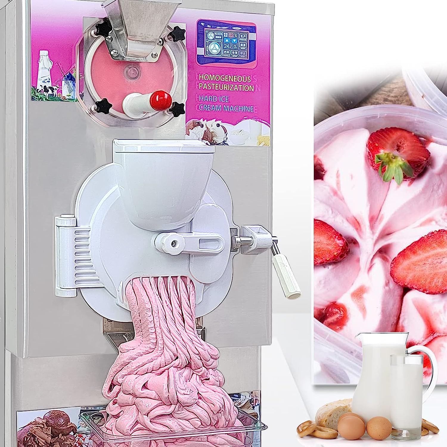 Hard Ice Cream Machine Ice Cream Machine Italian Water Ice Batch Freezer with Pasteurized Heating Cooling Freezing Function Output 9-11 Gal per Hour