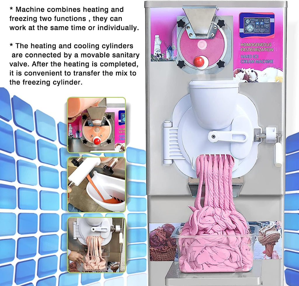Hard Ice Cream Machine Ice Cream Machine Italian Water Ice Batch Freezer with Pasteurized Heating Cooling Freezing Function Output 9-11 Gal per Hour