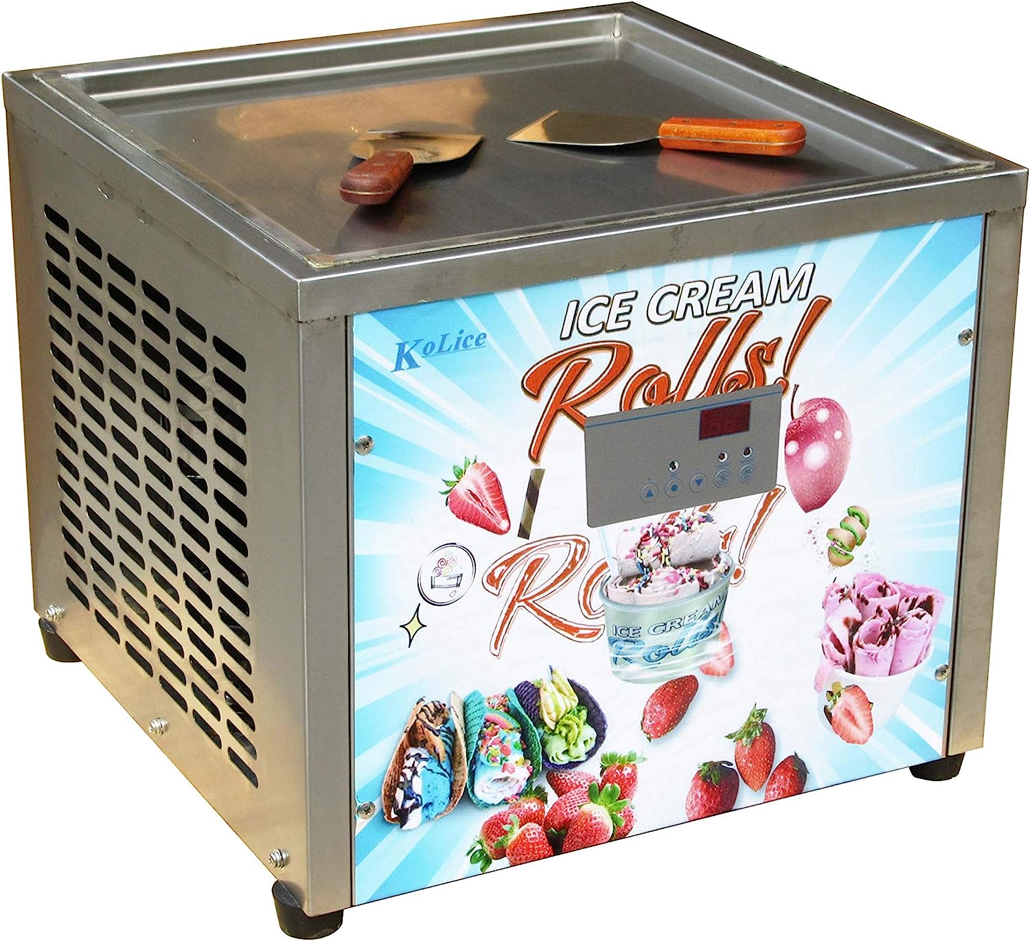 Countertop 18X18 inches single square pan fried fry rolled instant ice cream machine AUTO DEFROST and PCB smart AI temp. controller