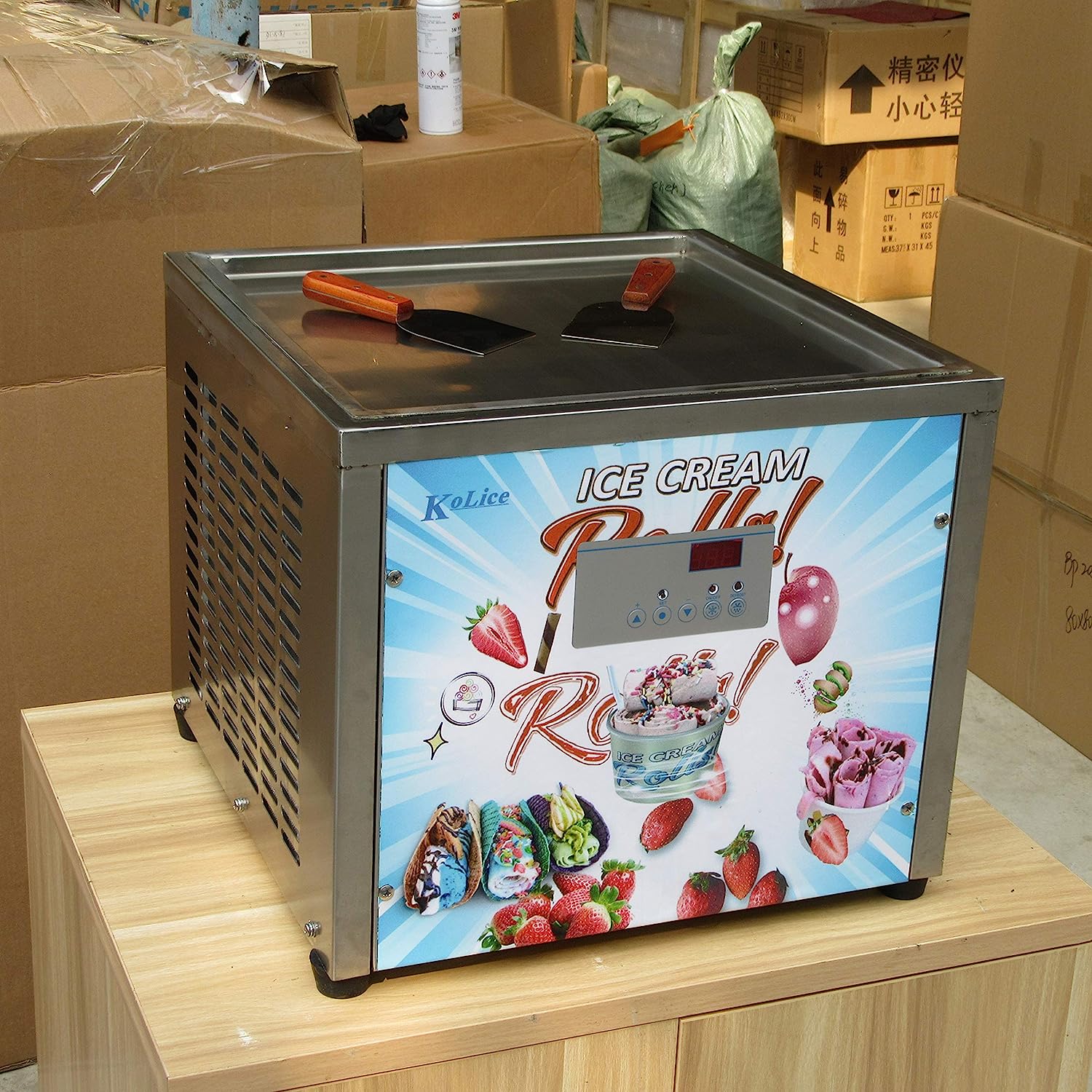 Countertop 18X18 inches single square pan fried fry rolled instant ice cream machine AUTO DEFROST and PCB smart AI temp. controller