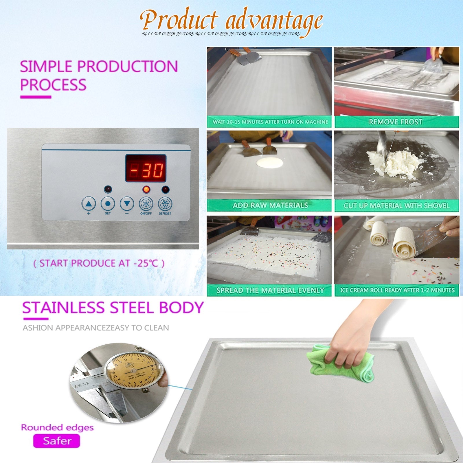 ETL certificated 21x21inches(52x52cm) single square ice pan Thai stir instant frozen yogurt fried fry roll ice cream machine